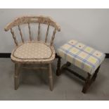 A 20th century upcycled captains chair, floral design, with a polka dot seat covering, 74cm H