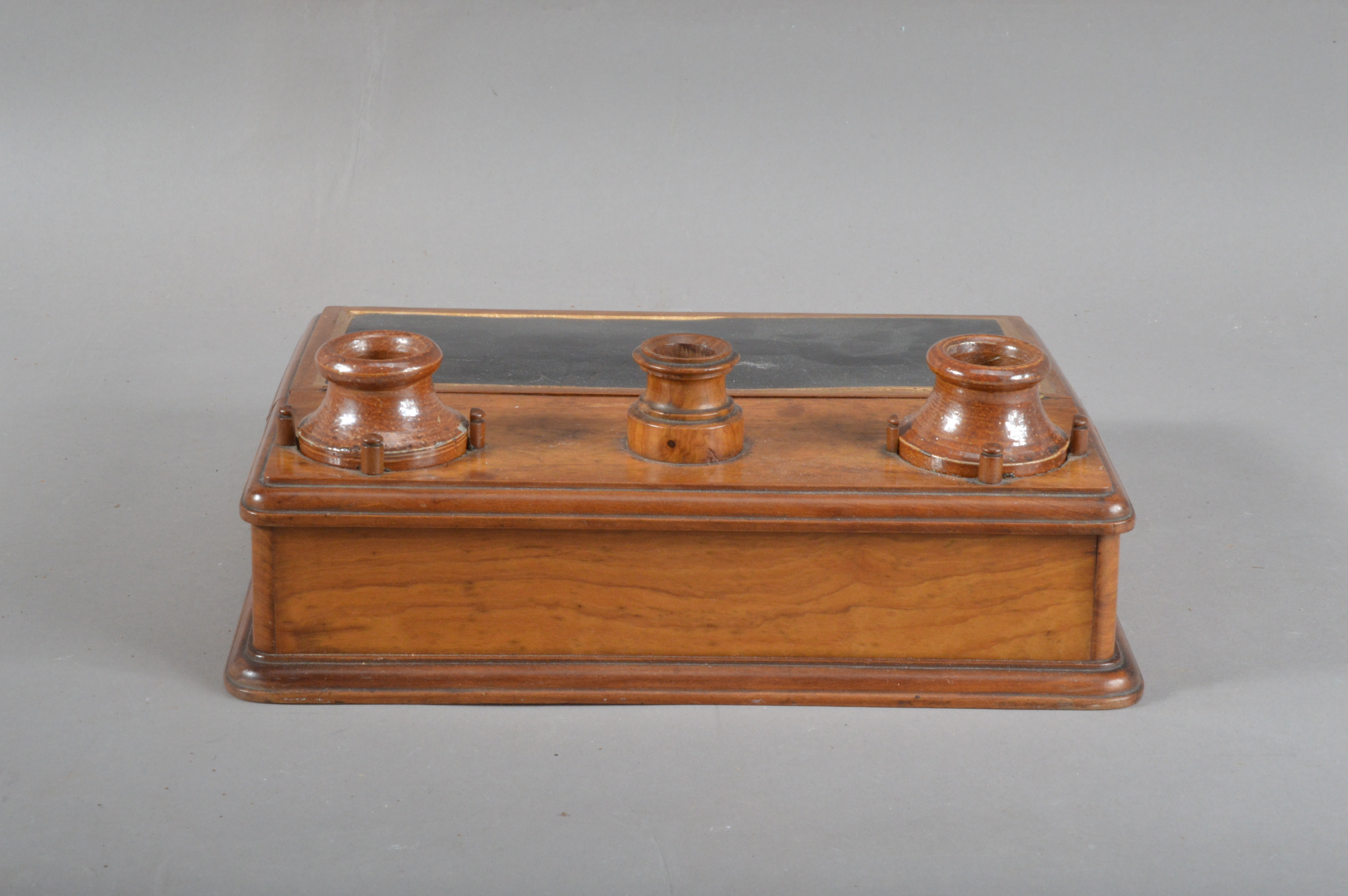 A 19th century olivewood and stoneware inkwell, two removable stoneware inkwells with a central - Image 3 of 4
