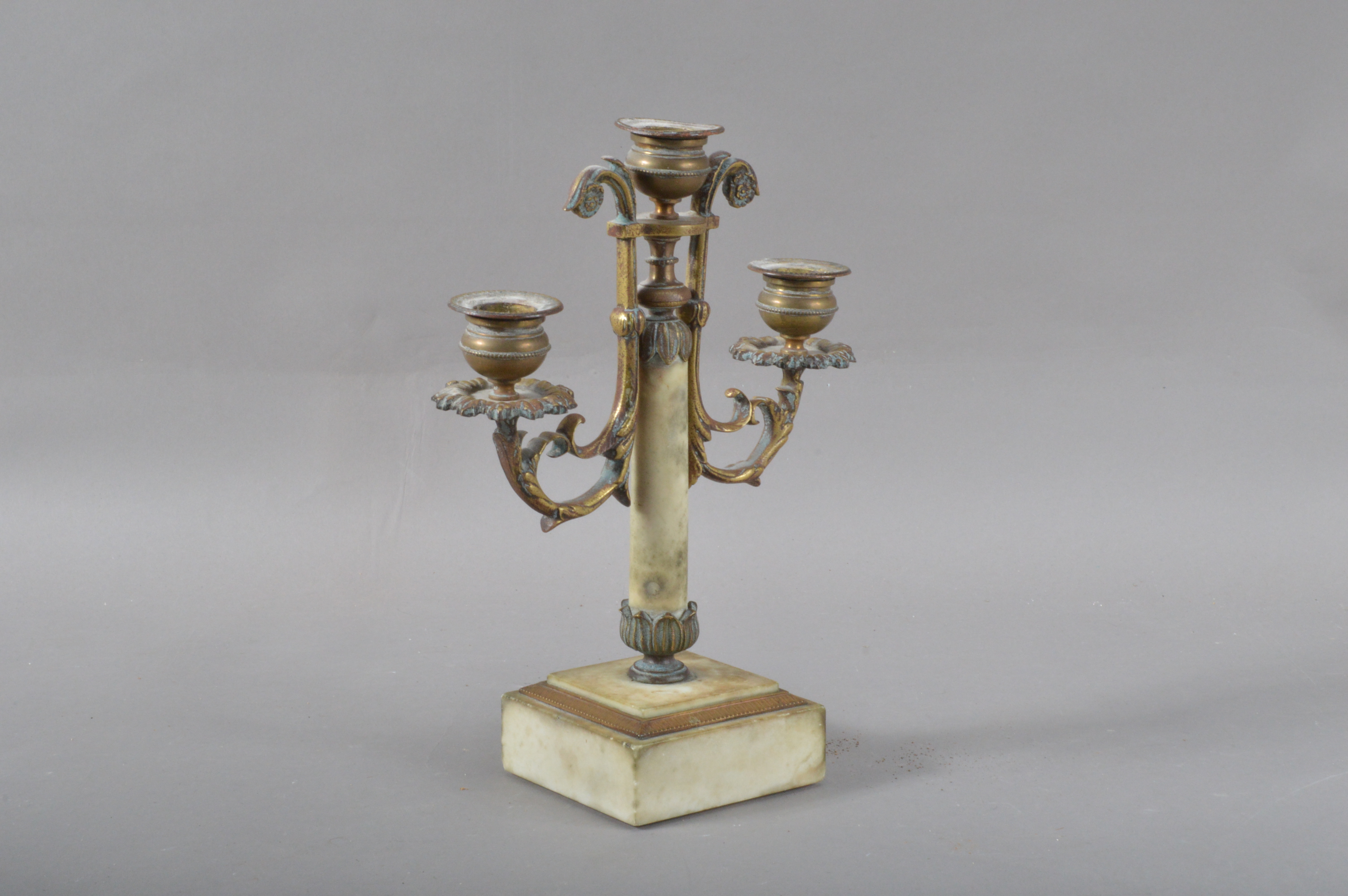A 19th century continental brass and marble candelabra, the central marble and gilt metal column - Image 2 of 2