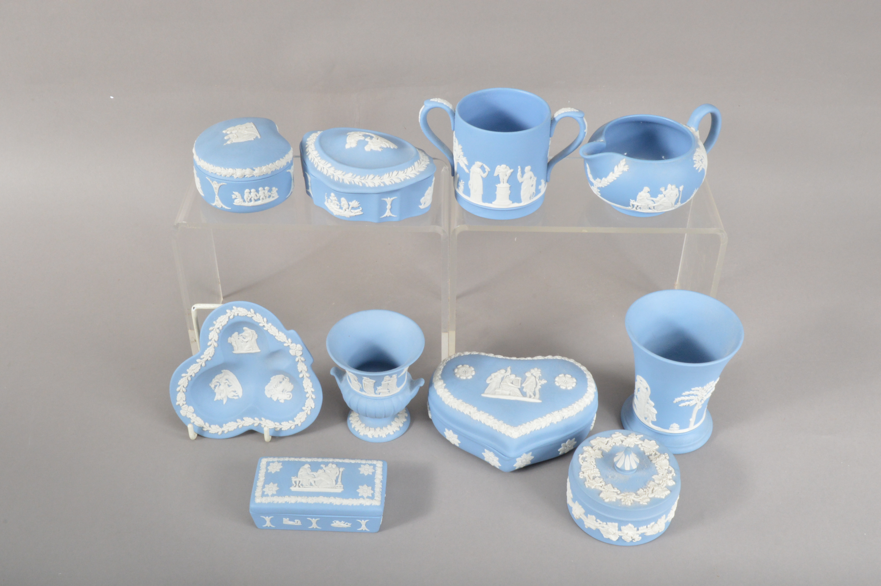 A collection of late 20th century Wedgwood blue and white jasperware items, including shaped covered - Image 2 of 2