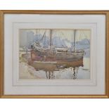 Ernest William Haslehurst (British 1866-1949), a boat in a harbour, watercolour on paper, signed