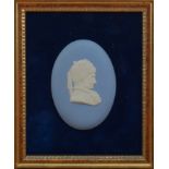 A small framed Wedgwood Jasperware medallion portrait of Rousseau, hand written to the verso 'To