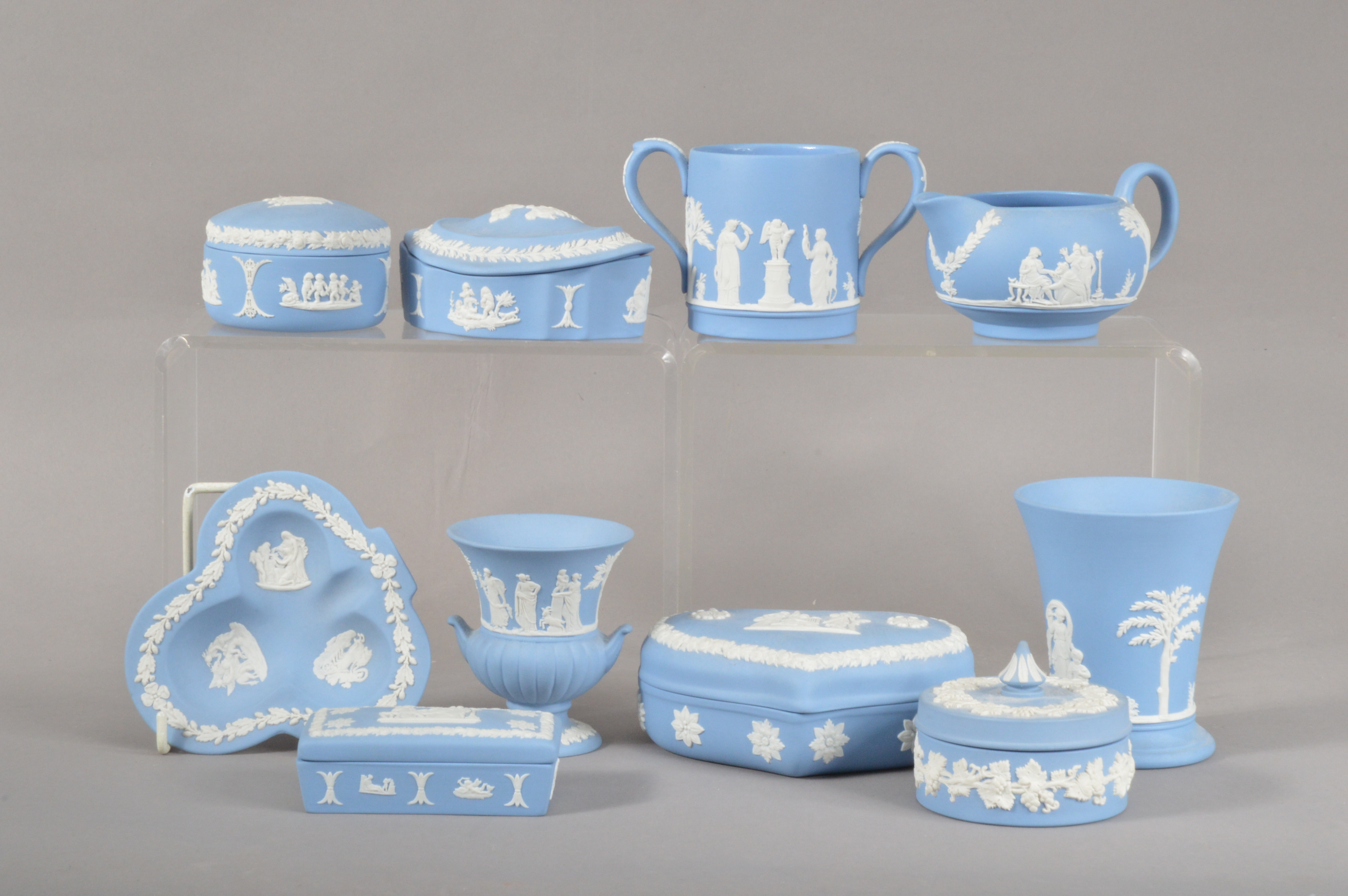 A collection of late 20th century Wedgwood blue and white jasperware items, including shaped covered