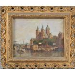 An early 20th century oil on canvas, of a continental city-scene, indistinctly signed H. Burkes? Tot