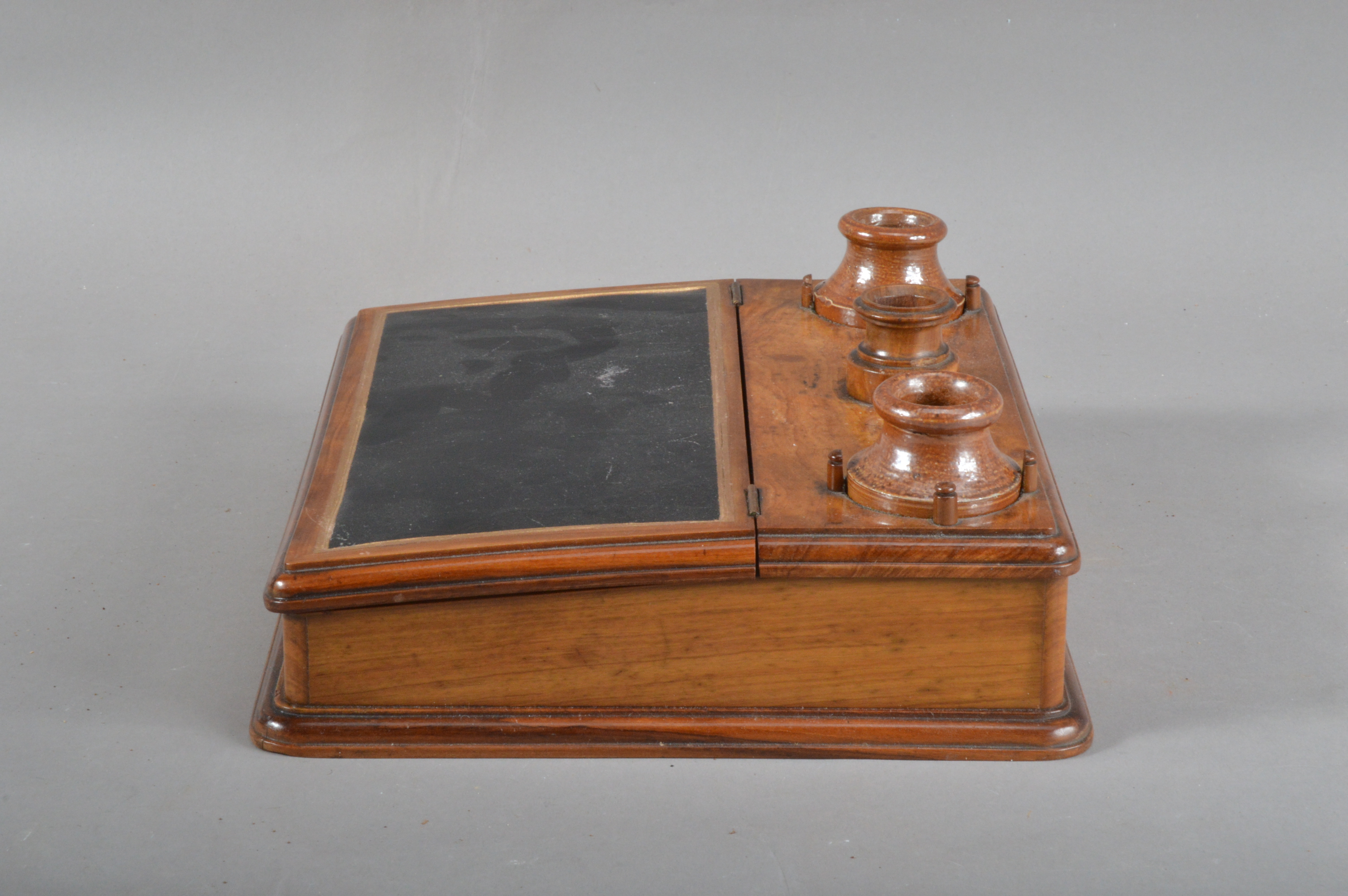 A 19th century olivewood and stoneware inkwell, two removable stoneware inkwells with a central - Image 4 of 4