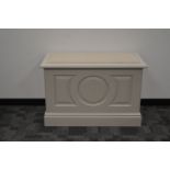 A 20th century white painted hardwood blanket box, lift open upholstered top, 67cm H x 101cm W x