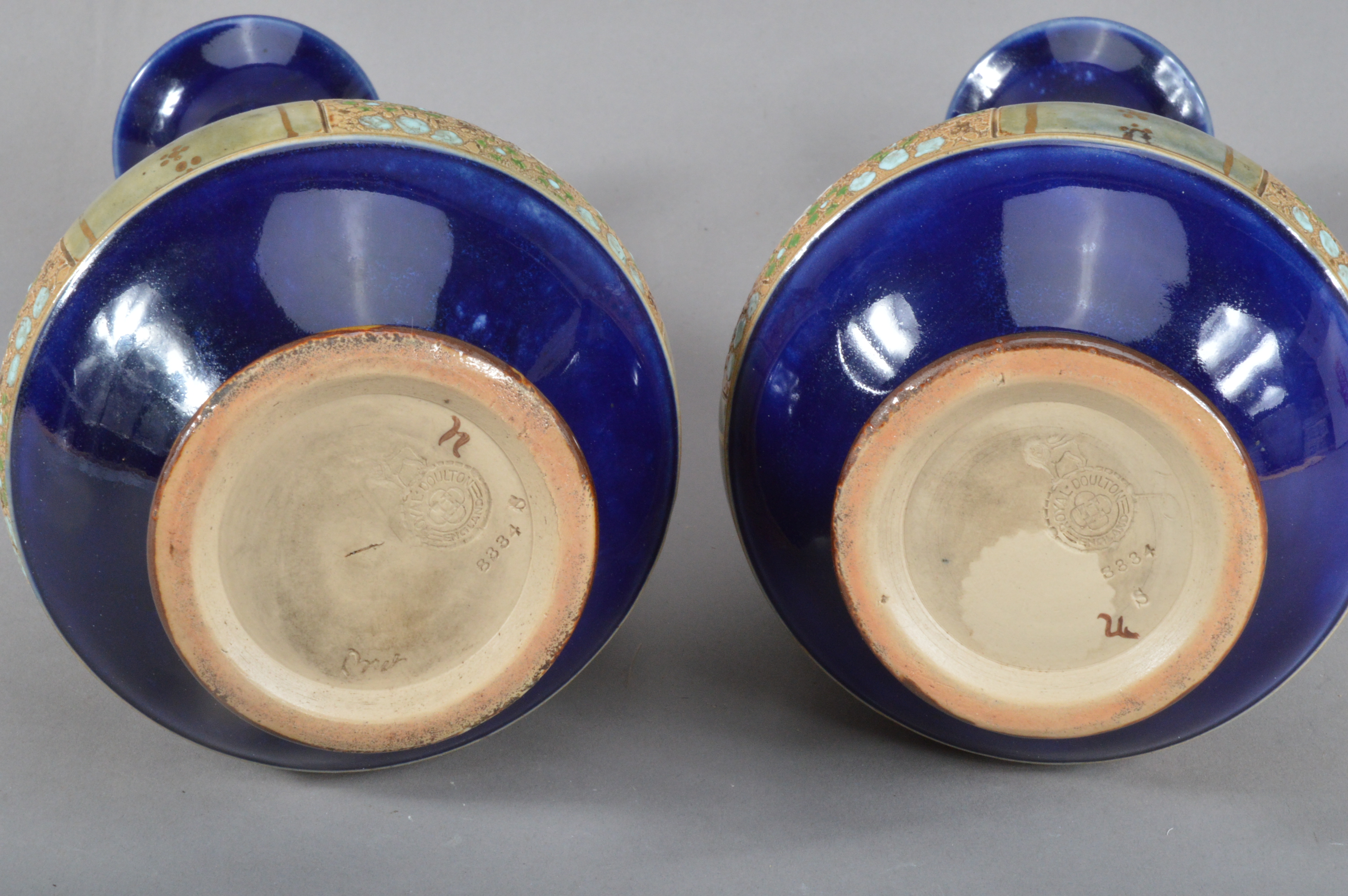 A pair of Royal Doulton stoneware vases, baluster form with long necks, with flared rims, blue - Image 2 of 2