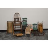 A collection of teddy bear and doll chairs and sleighs, including a high chair, 75cm high, the