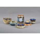 A collection of Royal Doulton and Doulton Lambeth items, comprising a pot (missing cover), with an
