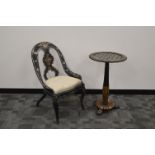 An early 20th century lacquer and mother of pearl inlaid chair and tripod tilt top table, the