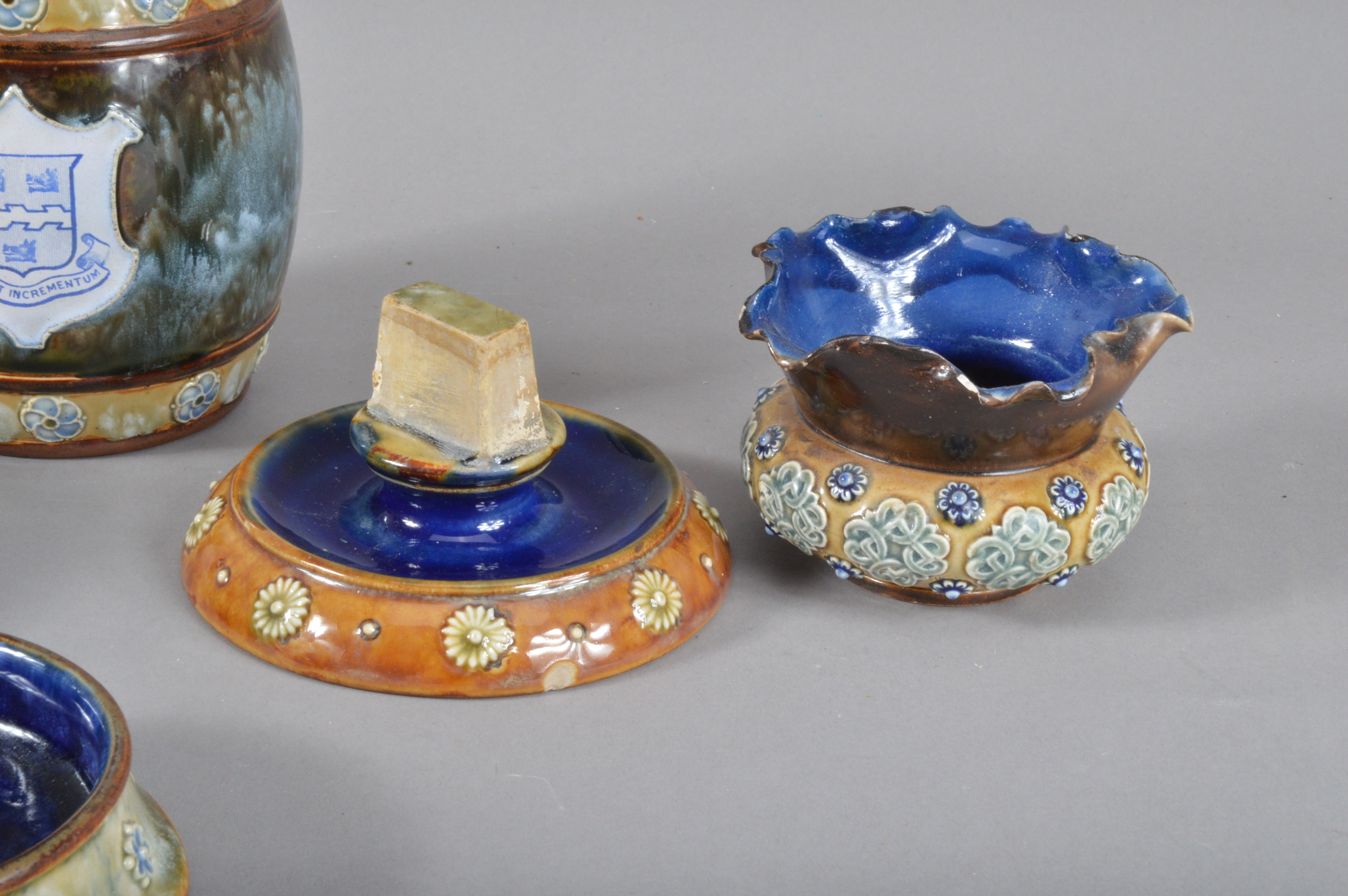 A collection of Royal Doulton and Doulton Lambeth items, comprising a pot (missing cover), with an - Image 2 of 2