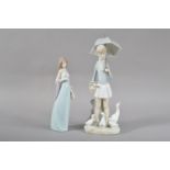 Two Lladro porcelain figurines, comprising a bisque figurine if a young girl with a parasol and