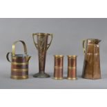 A collection of brass and copper items, comprising an art nouveau copper and brass twin handled