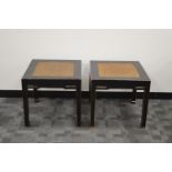 A pair of 20th century rattan topped lacquer Chinese side tables, square design, worn towards the