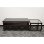 A modern black lacquer low television cabinet, with two draws, 52cm H x 130cm W, together with a