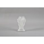 A 20th century Lalique style frosted glass vase, women holding fruit decoration, unmarked 13cm high