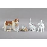 A collection of continental porcelain animal figurines, comprising a Lladro rabbit in natural