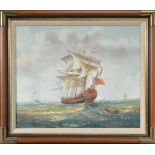 A modern marine scene, of a British Napoleonic Frigate, oil on canvas, signed F. Daniels lower left,