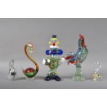 A collection of coloured glassware, all unmarked, possibly Murano, comprising a clown, 28cm high,