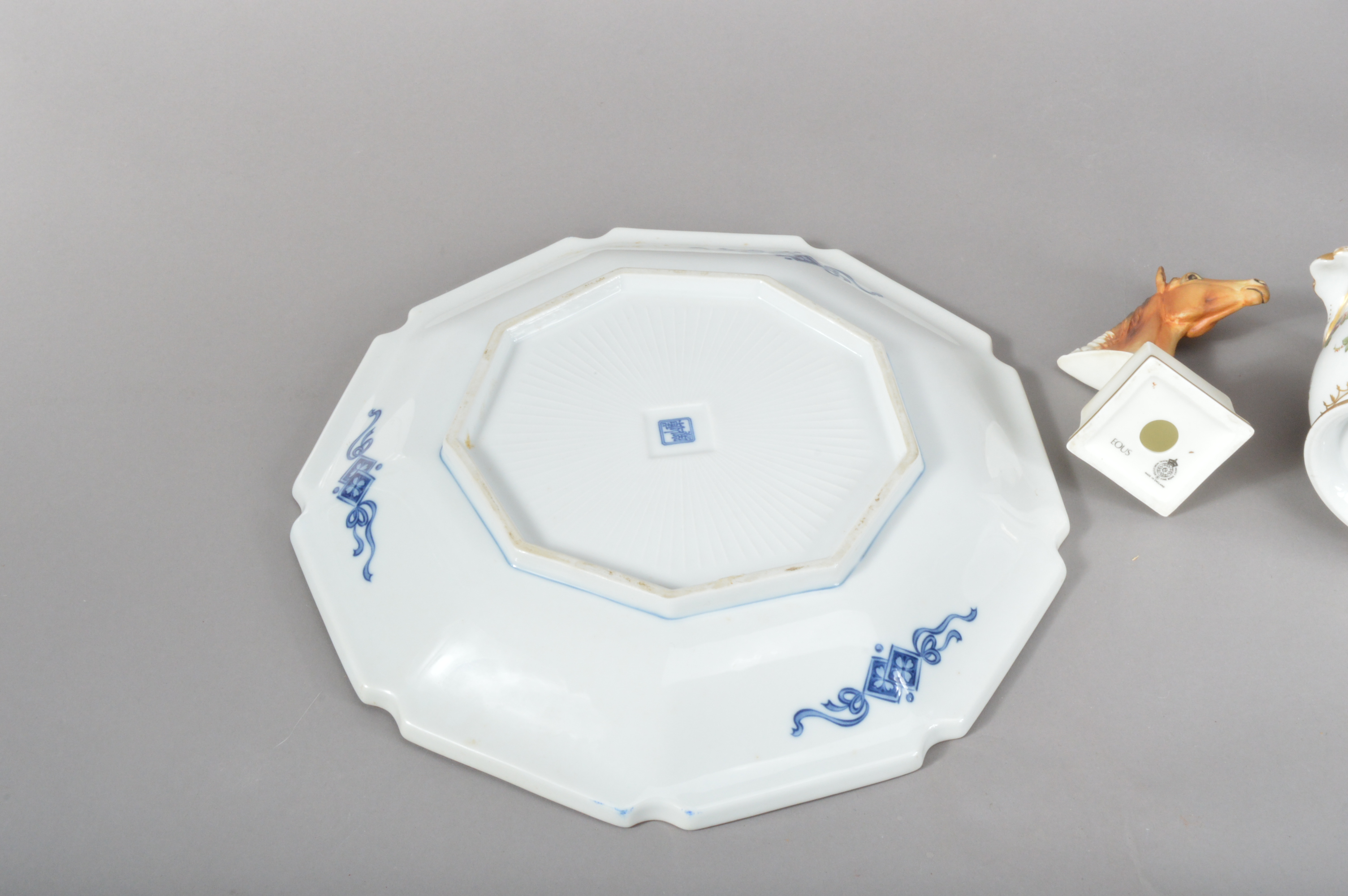 A 20th century large Chinese plate, with a shaped rim, blue and white floral design, the underside - Image 3 of 3