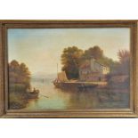 19th century school, a lakeside house, with figures on boats, oil on canvas, rebacked, in a gilt