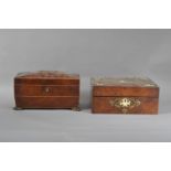 A 19th century burr walnut veneered sewing box, mounted with brass and ivory in a gothic style,