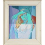 20th century British school, a mixed media semi-nude lady on panel, unsigned framed, frame size 52cm