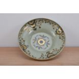 A large crackled glazed Royal Copenhagen bowl, green glaze with heightened gilt floral decoration,
