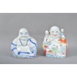 Two 20th century Chinese ceramic 'happy' buddha's, one blue and white, the other multi-coloured with