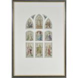 A watercolour preparatory work of a stain glass window, the figures depicted including Charles I,