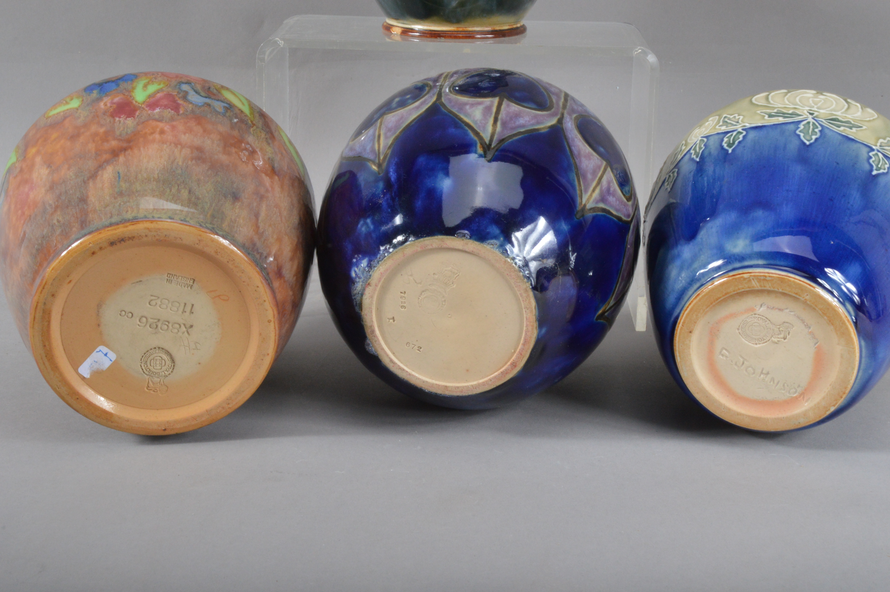 Three Royal Doulton stoneware globular vases, one with an art nouveau style, another incised D. - Image 2 of 3