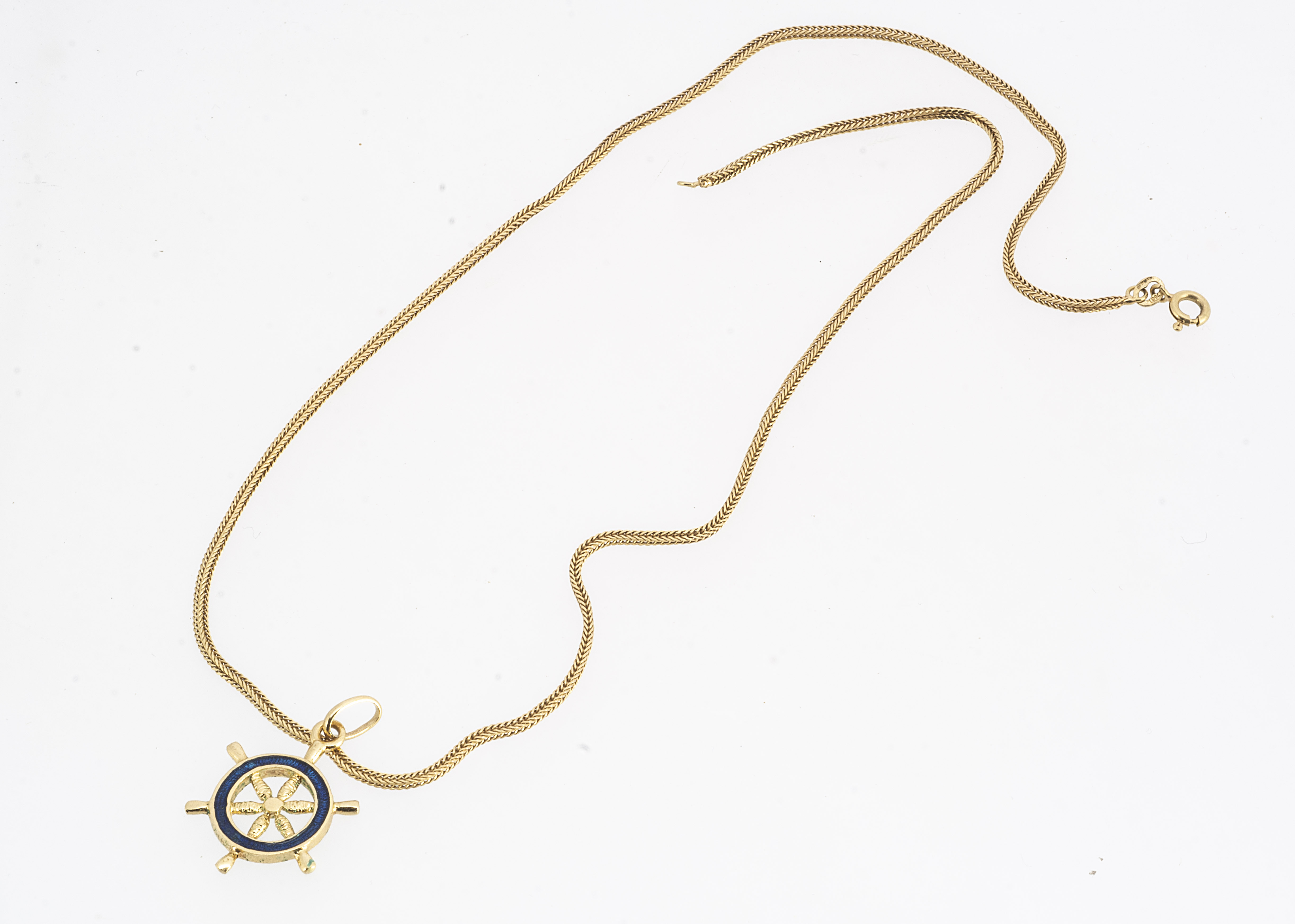 A fine herring bone linked 18ct gold chain, 52 cm max, 8.7g together with a an enamel ship wheel - Image 2 of 2