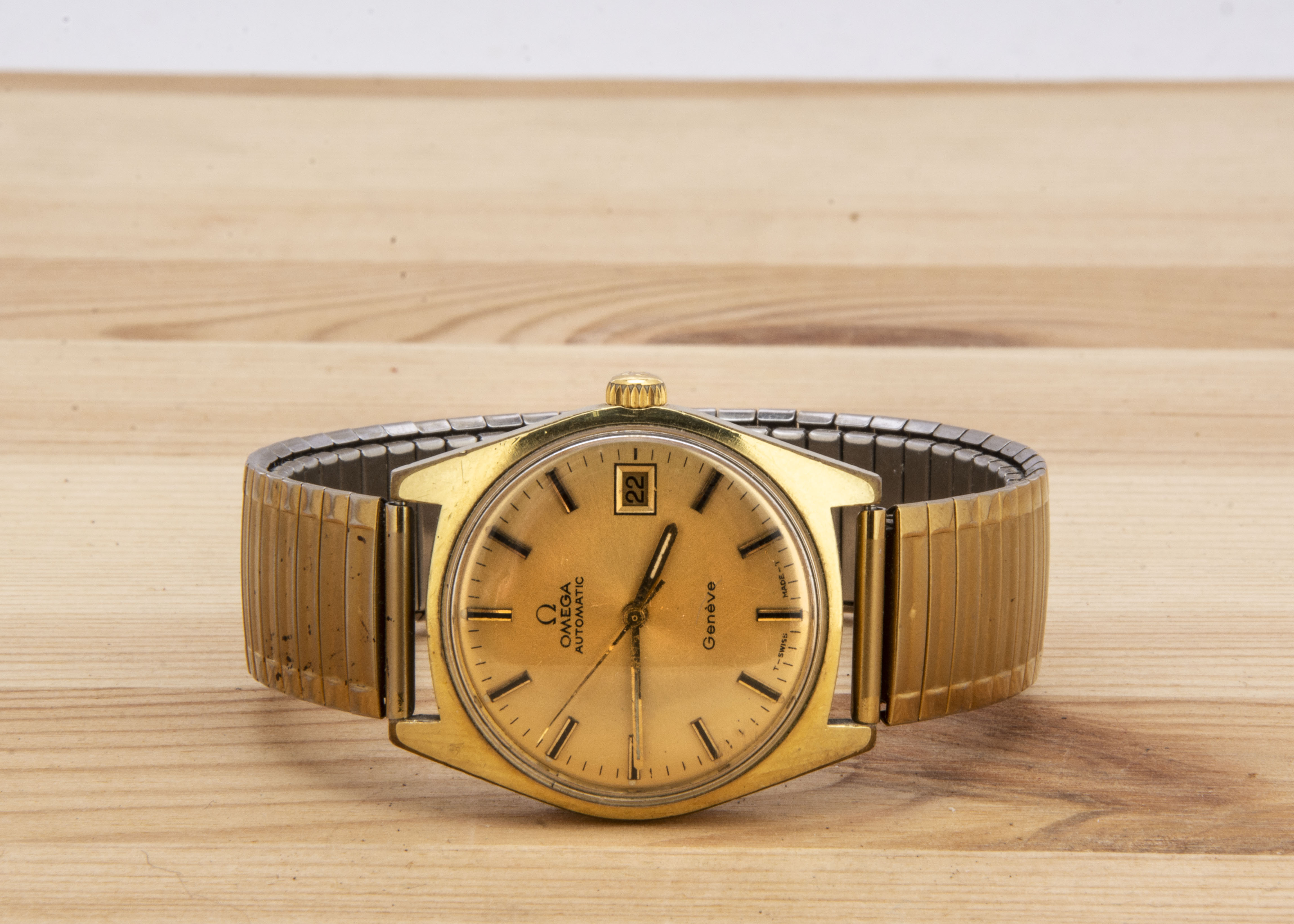 A 1970 Omega Automatic gold plated wristwatch head, 34mm, with gilt dial having batons and date - Image 3 of 3