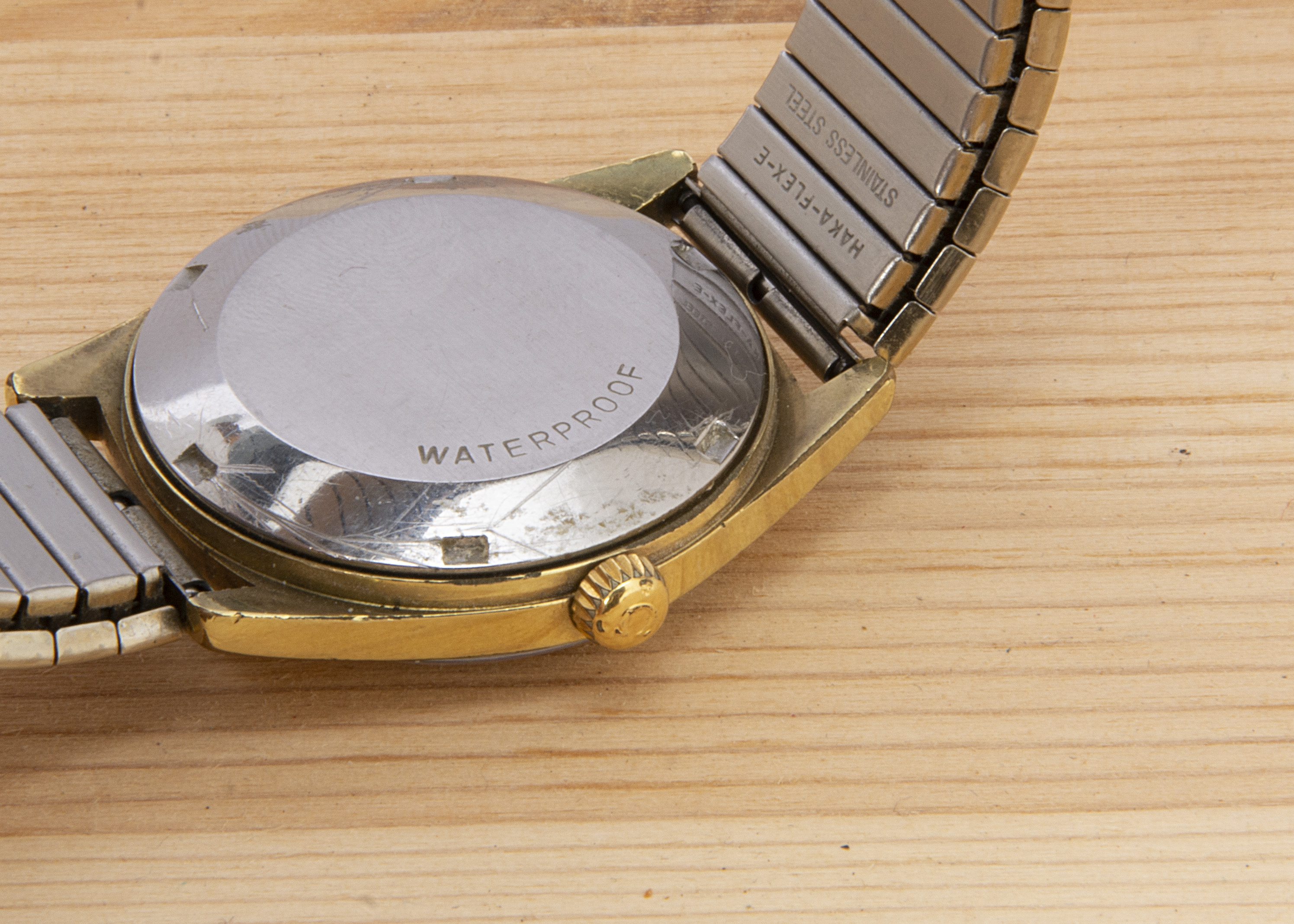 A 1970 Omega Automatic gold plated wristwatch head, 34mm, with gilt dial having batons and date - Image 2 of 3