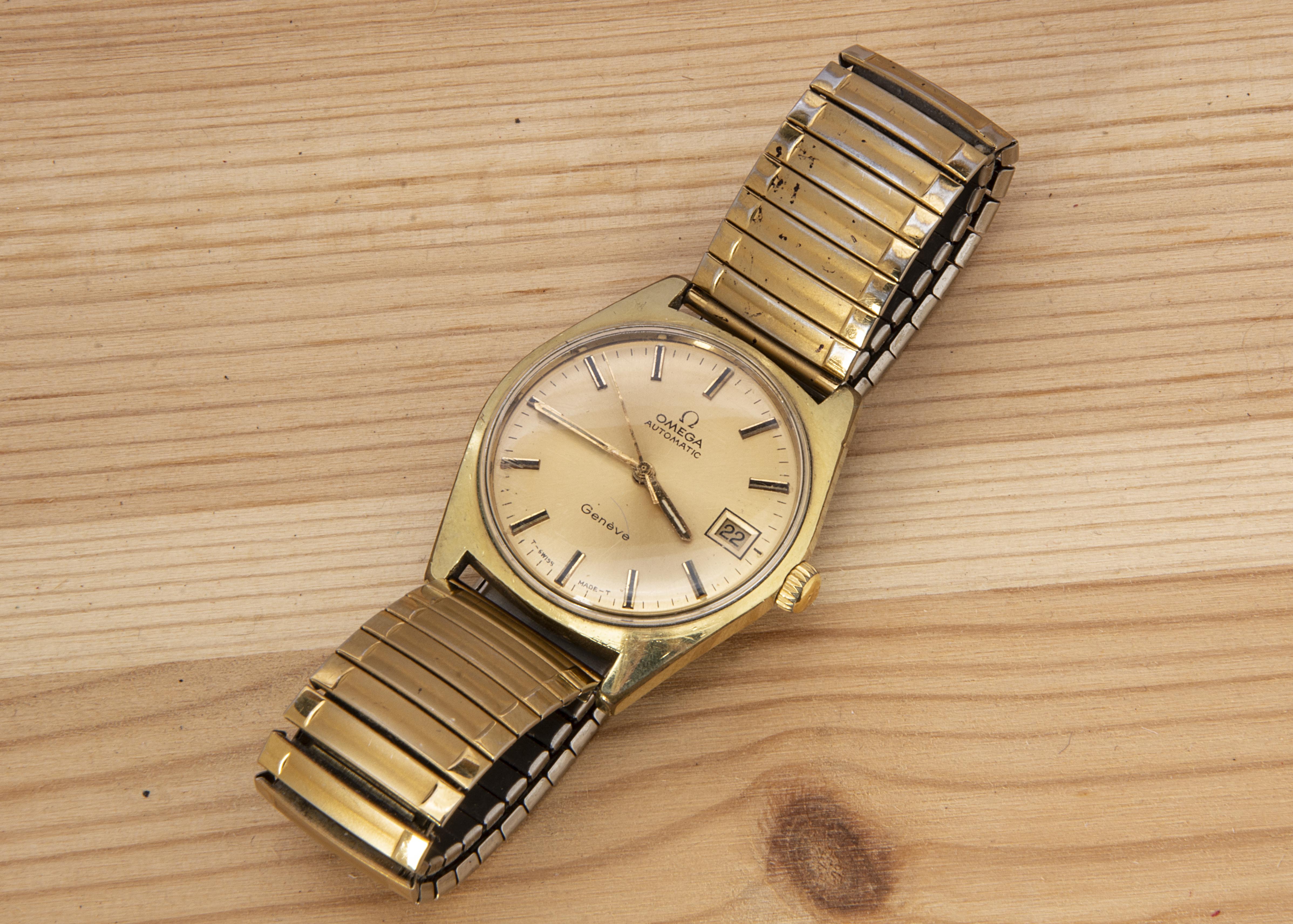 A 1970 Omega Automatic gold plated wristwatch head, 34mm, with gilt dial having batons and date