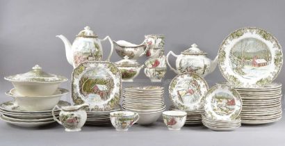 A large collection of Johnsons Bros. Friendly Village pattern dinner, coffee and tea wares,