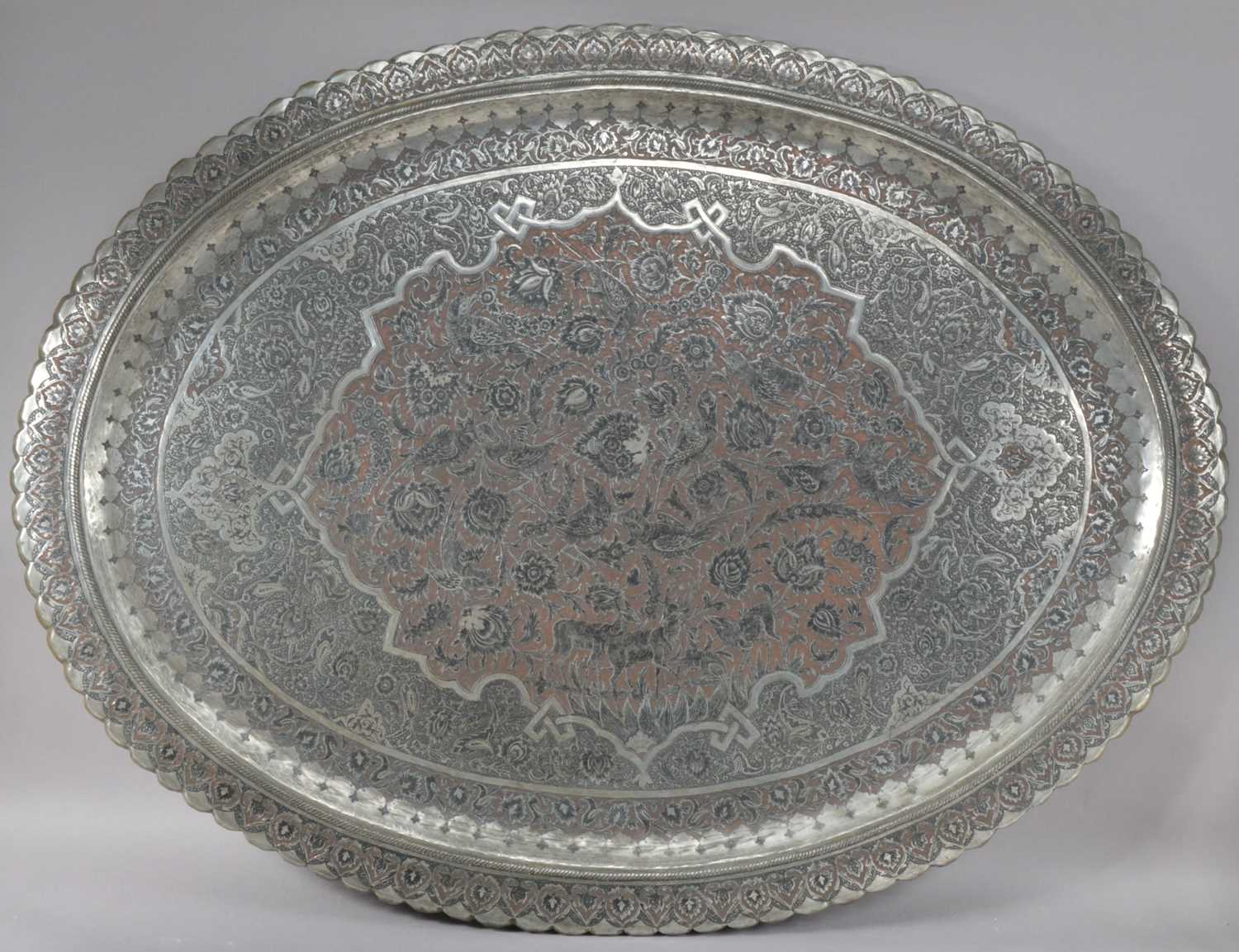 A large and impressive late 19th/early 20th century Iranian (Shiraz) copper and tin platter,