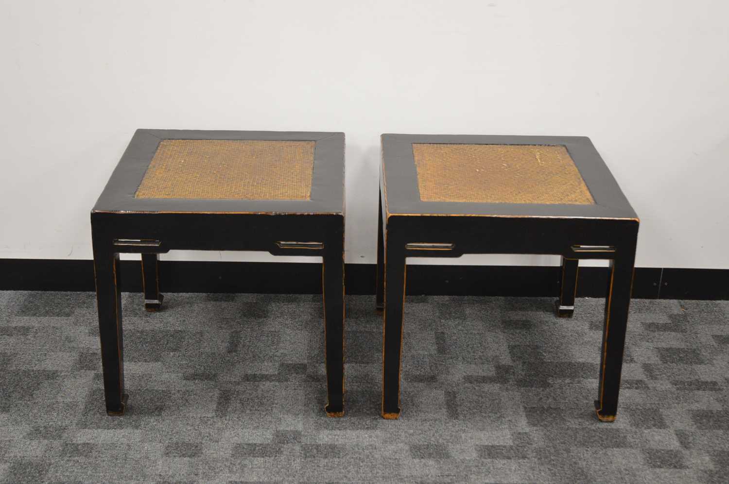 A pair of 20th century rattan topped lacquer Chinese side tables,