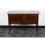 An Edwardian mahogany and marble topped string inlaid dressing/ side table,