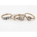 Four 18ct gold diamond and gem set mid 1920s dress rings,