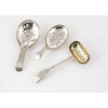 Three George III period and later silver sifter spoons,