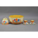 Four items of Clarice Cliff pottery,