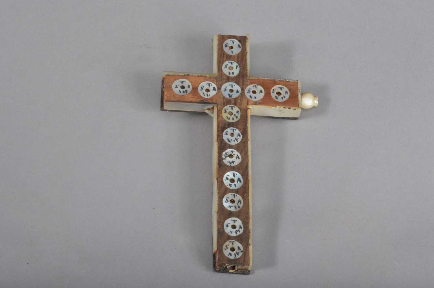 A late 19th century Jerusalem olive wood and mother of pearl crucifix, - Image 4 of 4