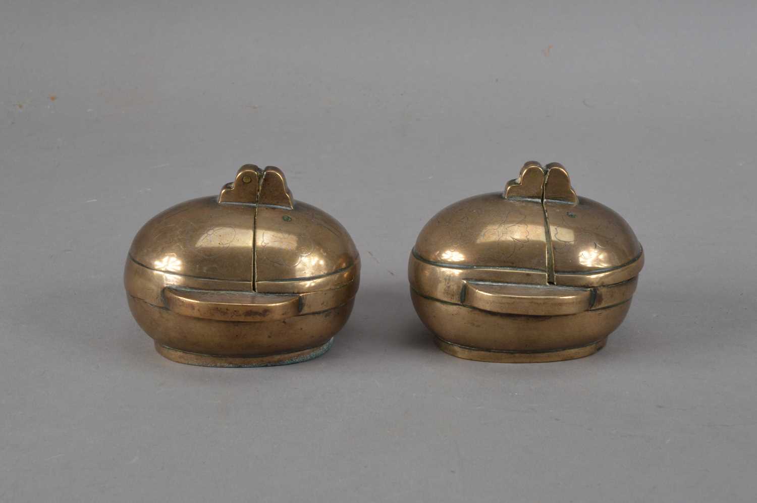 Two Chinese brass travel candlesticks, - Image 2 of 2