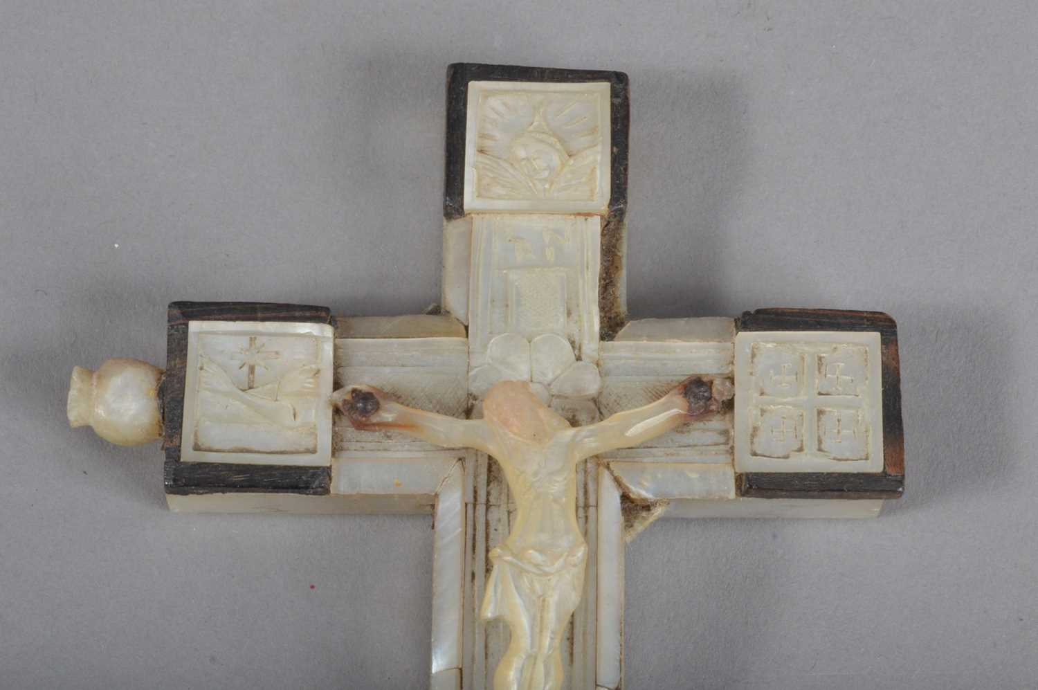 A late 19th century Jerusalem olive wood and mother of pearl crucifix, - Image 2 of 4