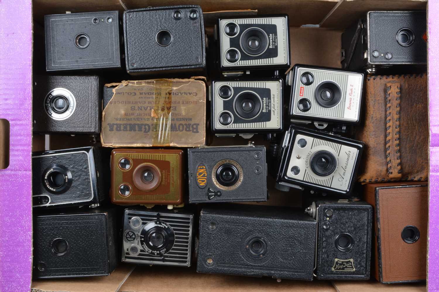 A Tray of Box Cameras, including a Kodak No 2 Brownie, in worn maker's ...