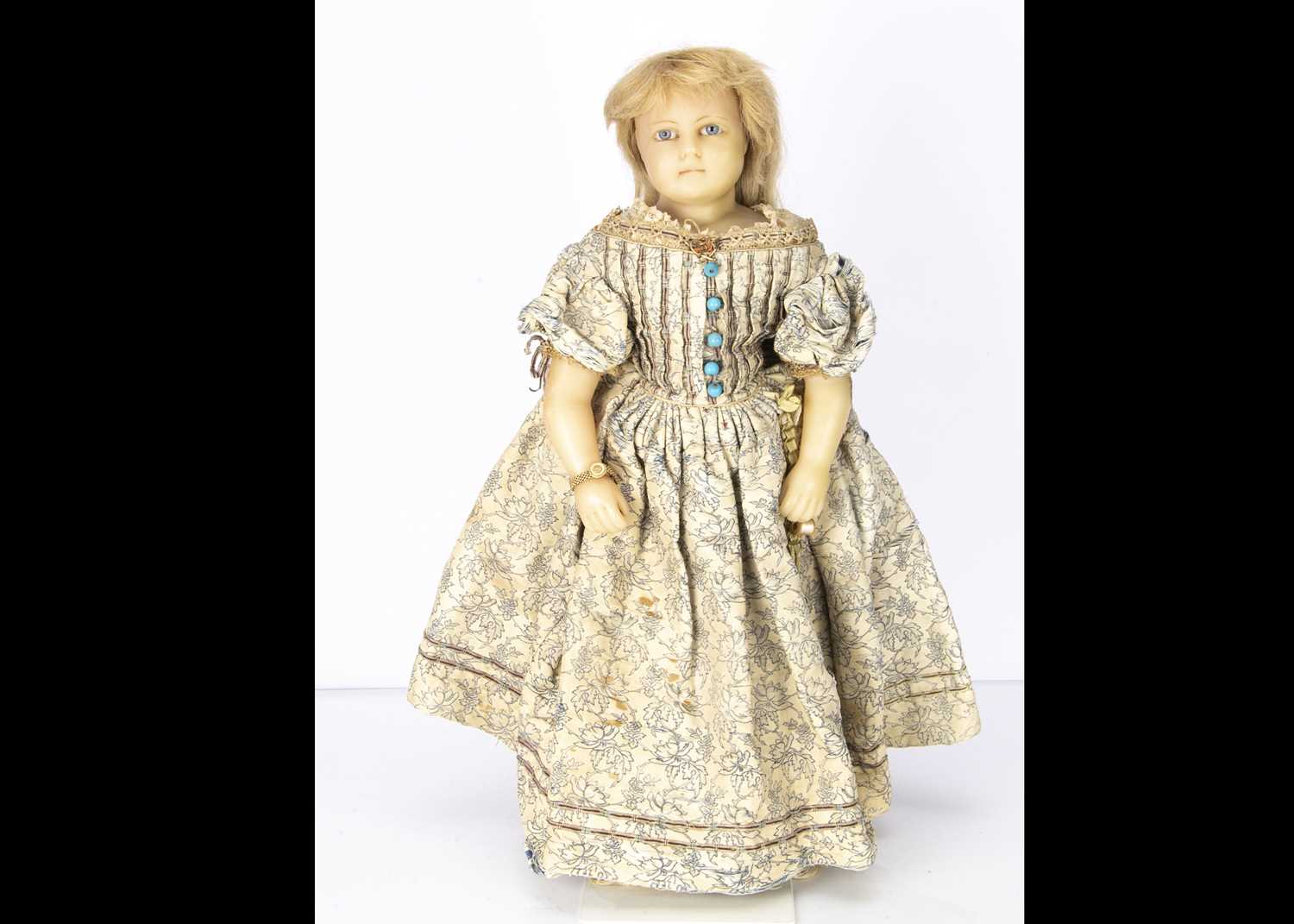 A large English poured wax shoulder-head child doll,