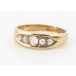 A Victorian 18ct gold pearl and diamond five stone ring,