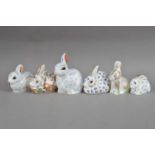 Six Royal Crown Derby bone china rabbit paperweights,