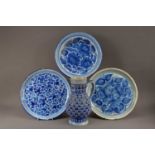 Three Delft blue and wite chargers,